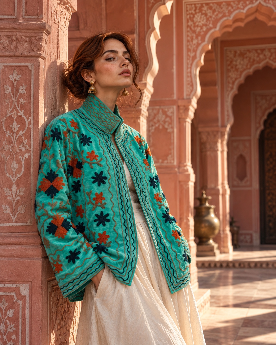 A model in a turquoise jacket with navy and rust stars, leaning on a carved pink sandstone wall beneath scalloped arches