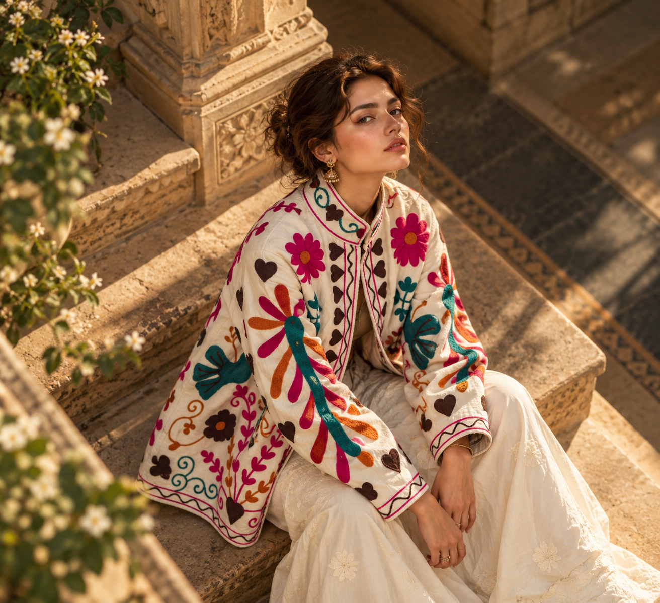 A model in the Basant Panchhi jacket seated on sunlit sandstone steps beside a carved pillar, looking away