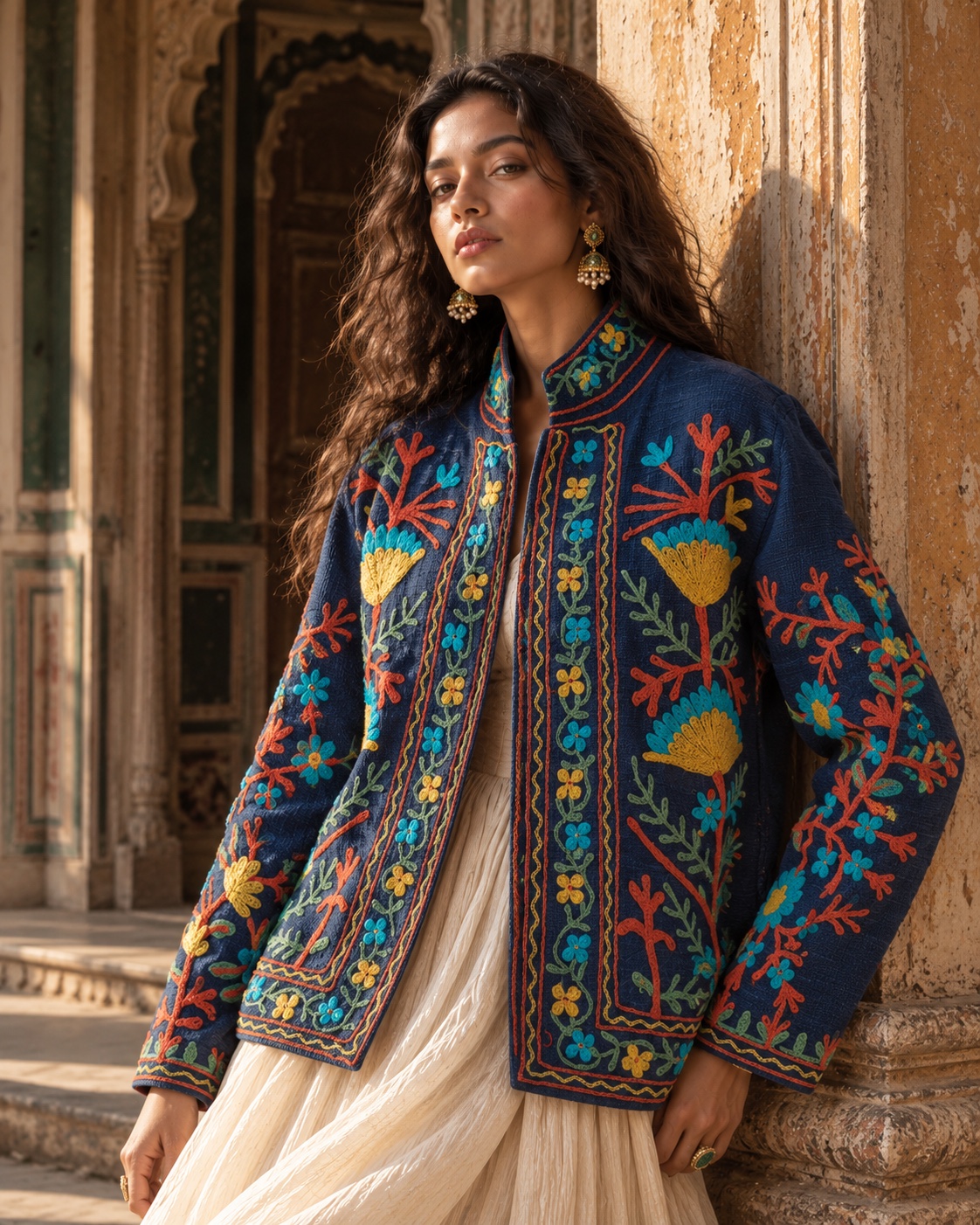 A close portrait of a model in an indigo jacket embroidered with red, yellow and blue botanicals