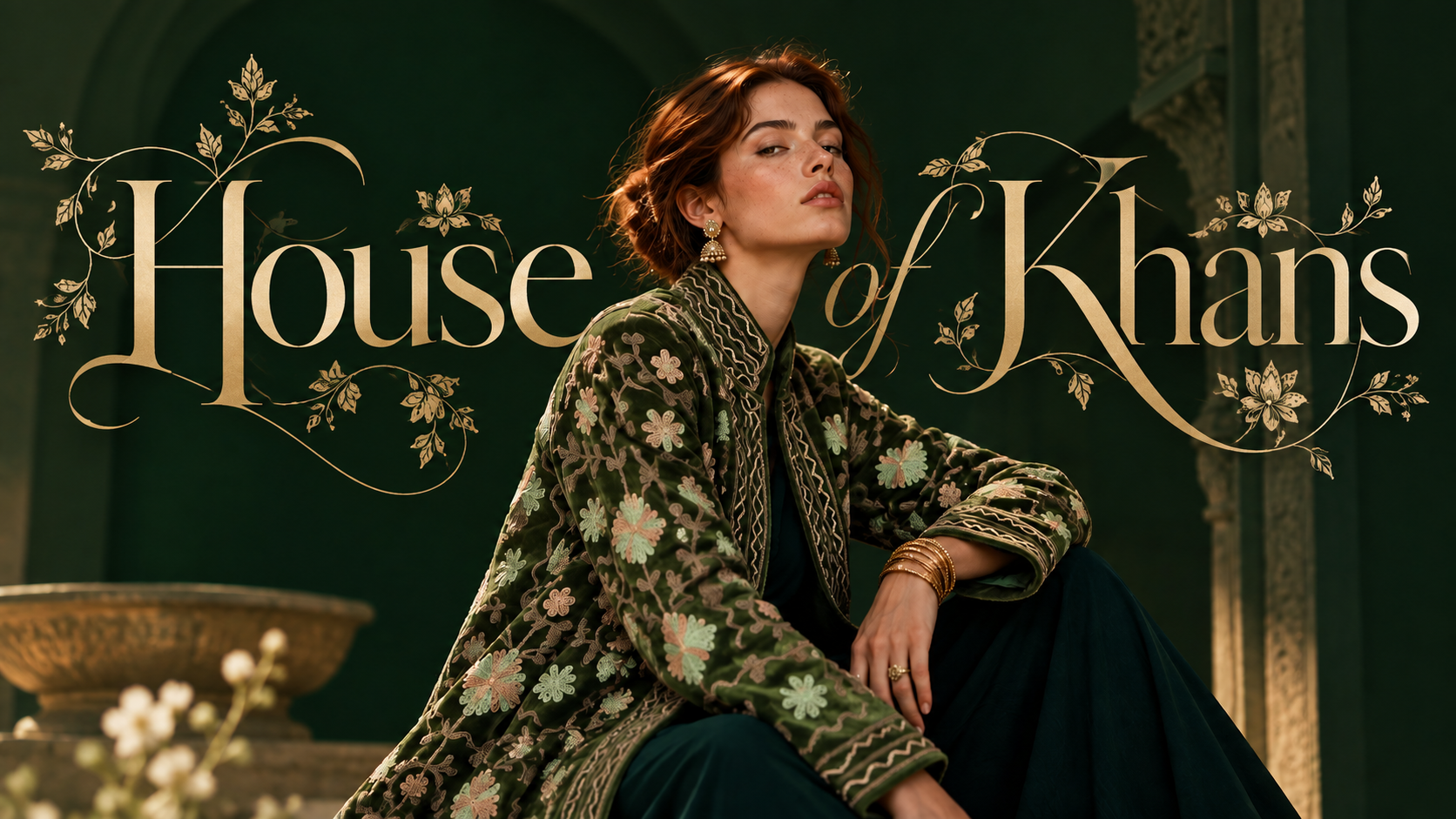 A model in a forest green jacket embroidered with pale florals, seated in a shadowed courtyard beneath the House of Khans wordmark