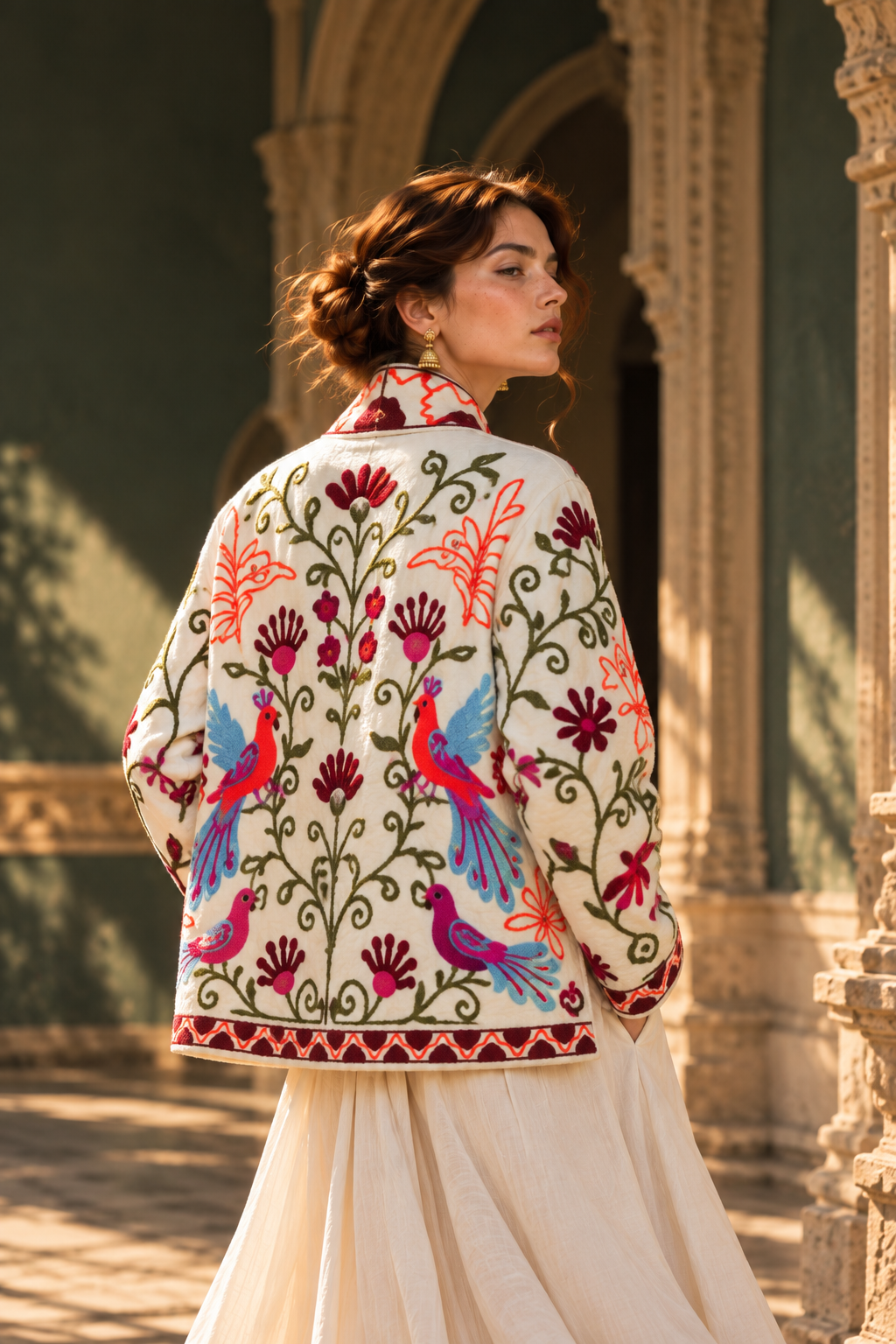 The embroidered back of the Koyal jacket, birds among flowering vines, worn by a model in a carved arcade