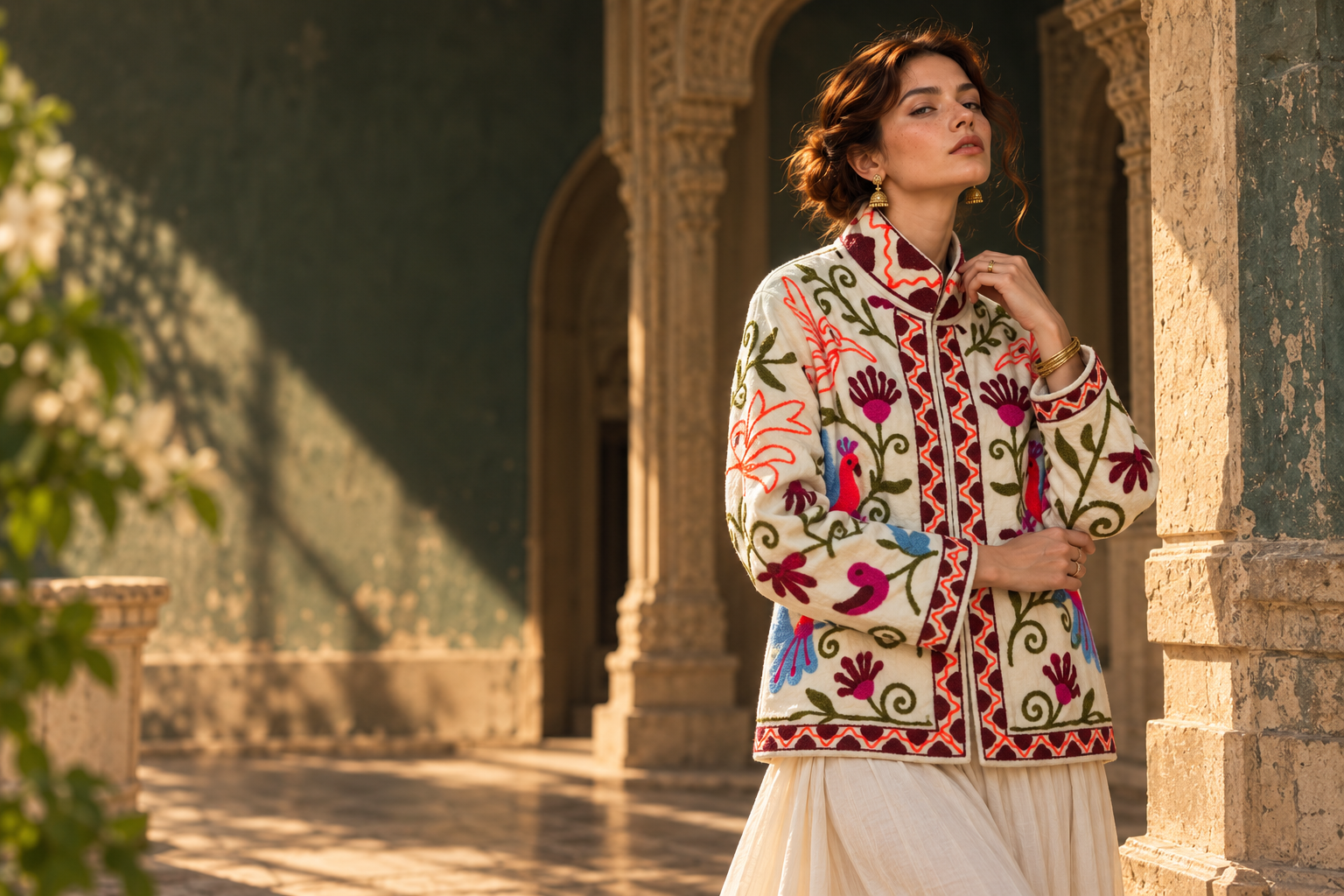 A model in the ivory Koyal jacket embroidered with birds and flowers, standing beside a carved column in a green-walled arcade