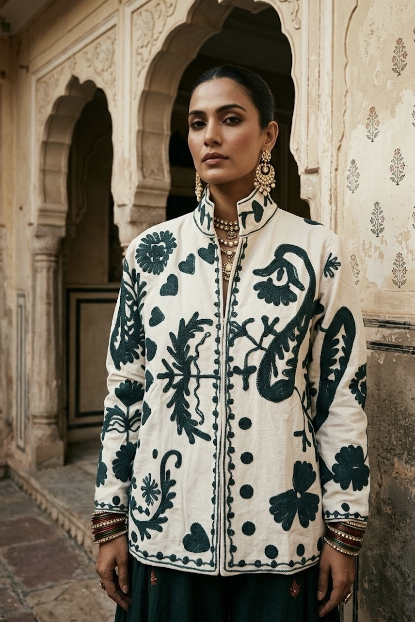 A model in the ivory Neel Bel jacket embroidered with dark teal vines and blooms, standing before carved Jaipur arches