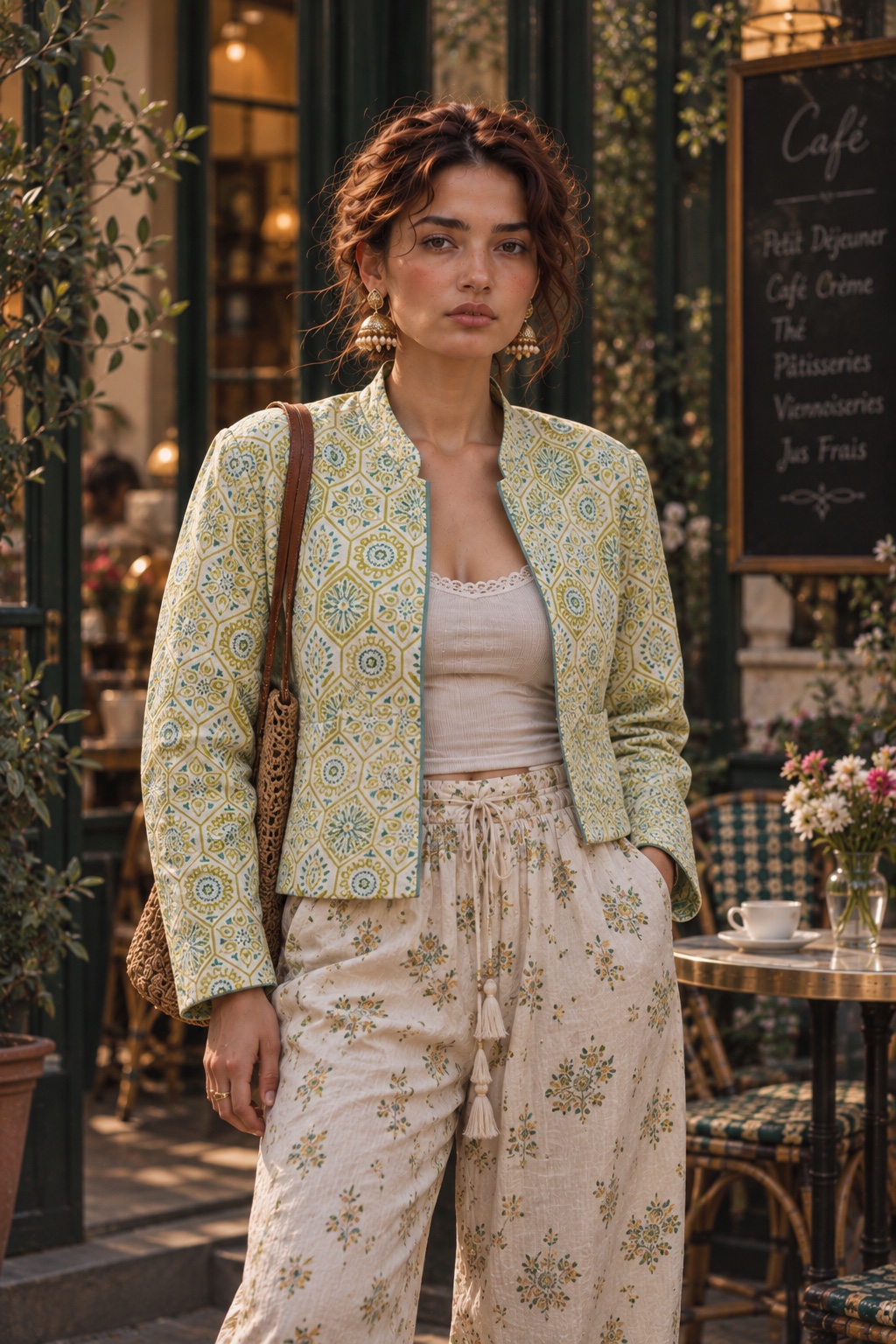 A model standing outside a café in a pale mint quilted jacket and printed trousers