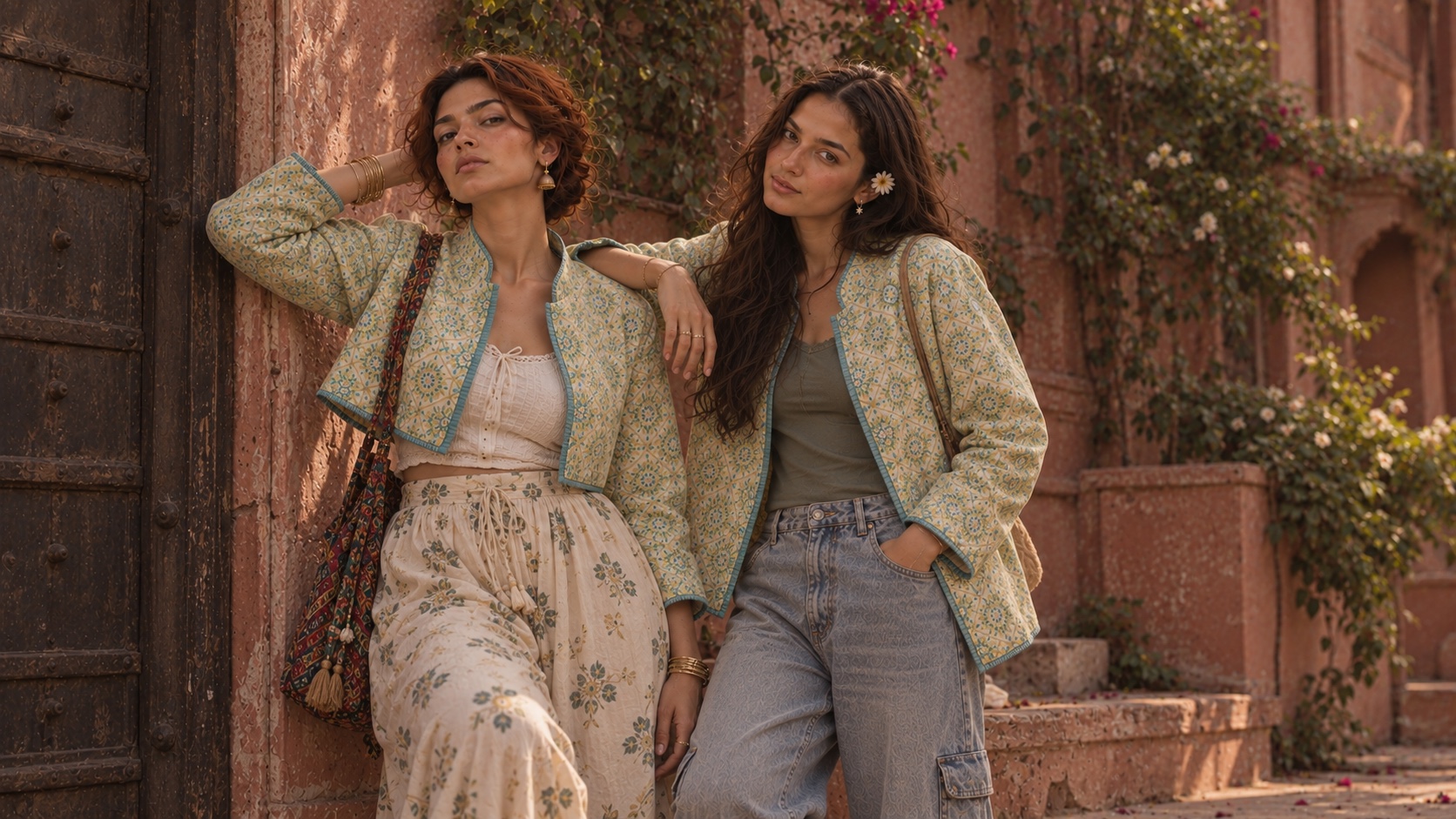 Two models in pale mint quilted jackets leaning against a rose-pink wall beside a carved wooden door
