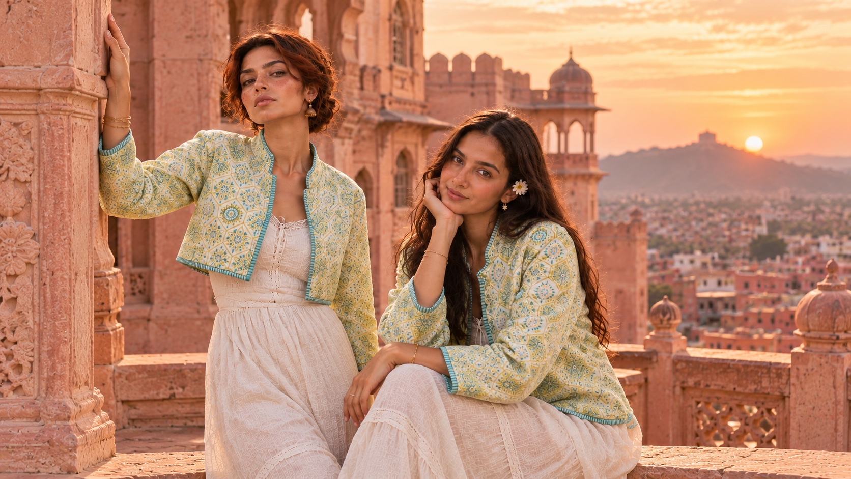 Two models in pale mint quilted jackets on a sandstone terrace above Jaipur at sunset