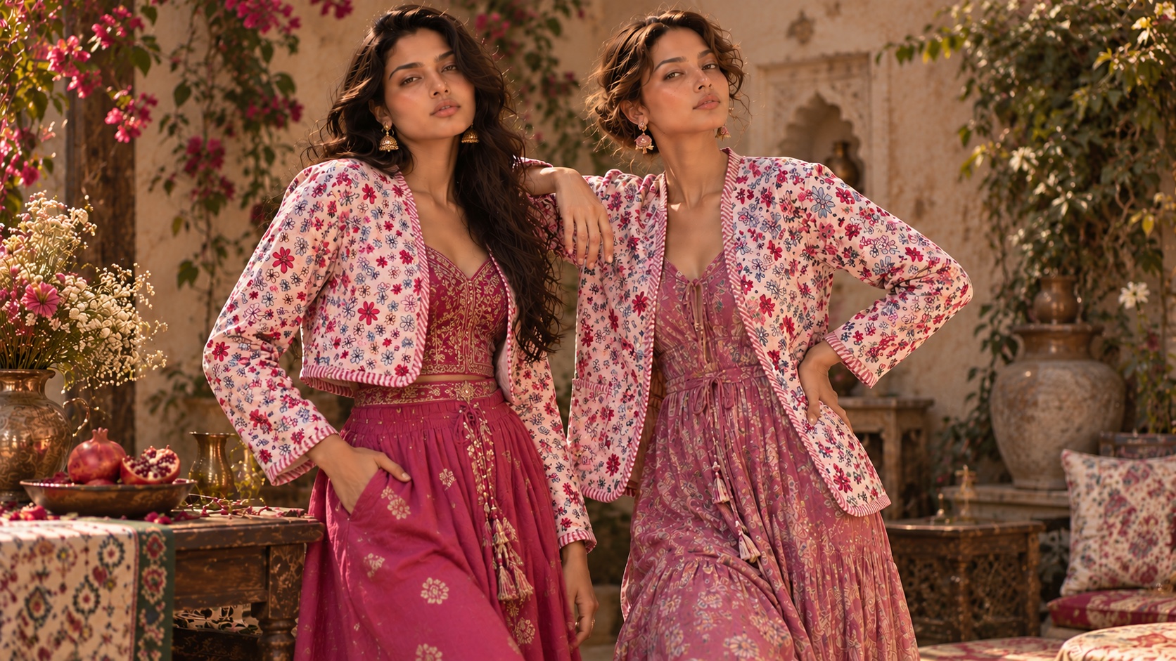 Two models in pink floral quilted jackets in a courtyard of bougainvillea and carved stone