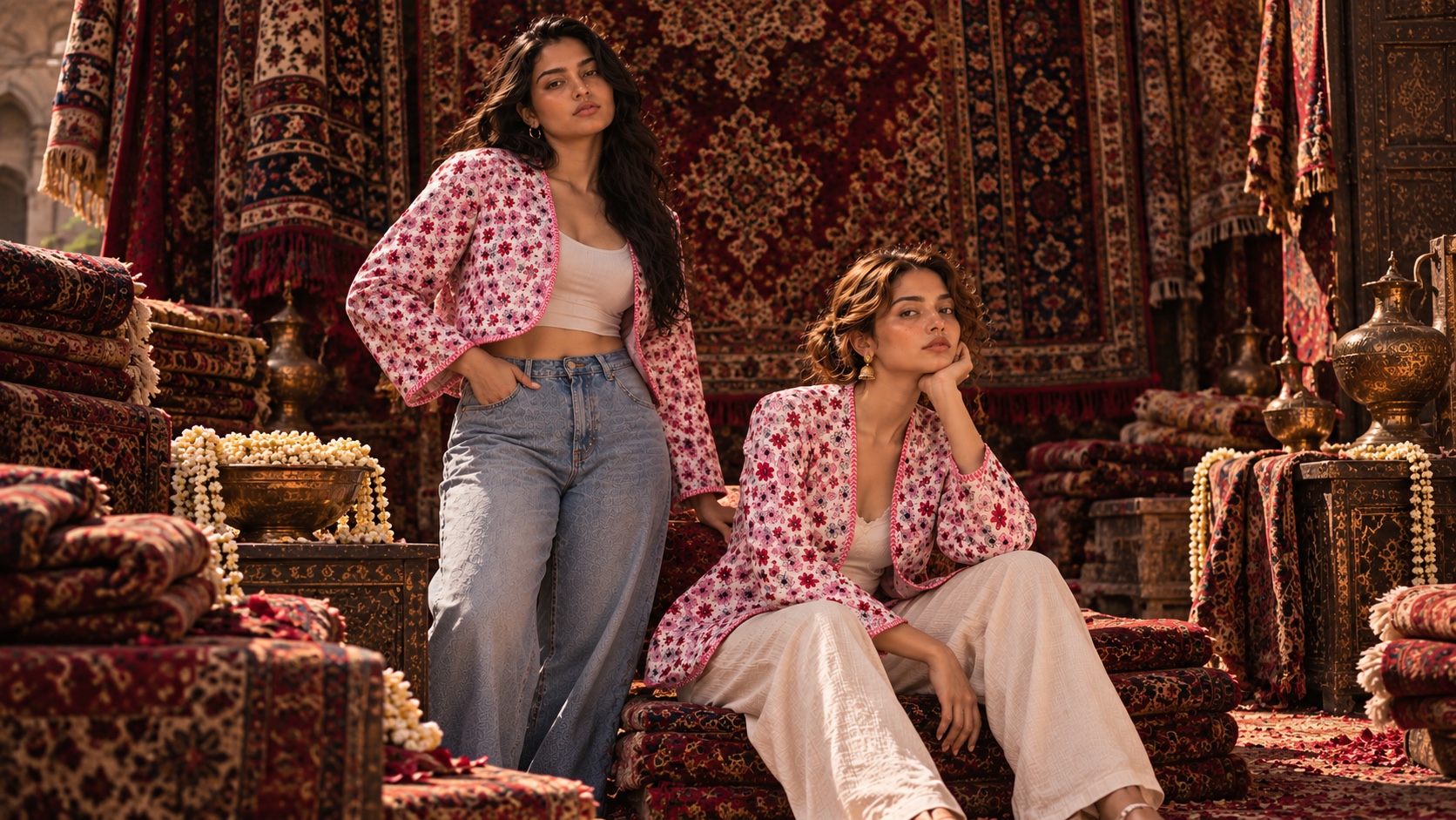 Two models seated among carpets in pink floral quilted jackets