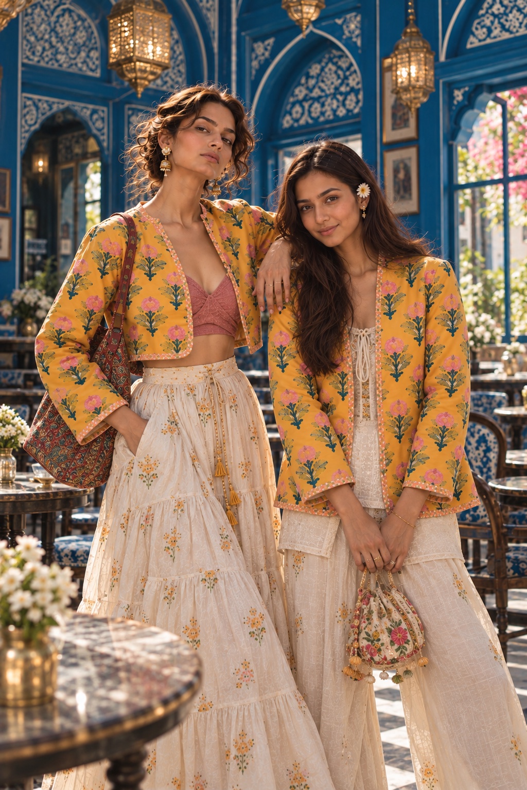 Two models in yellow floral quilted jackets in a café with blue painted arches and lanterns