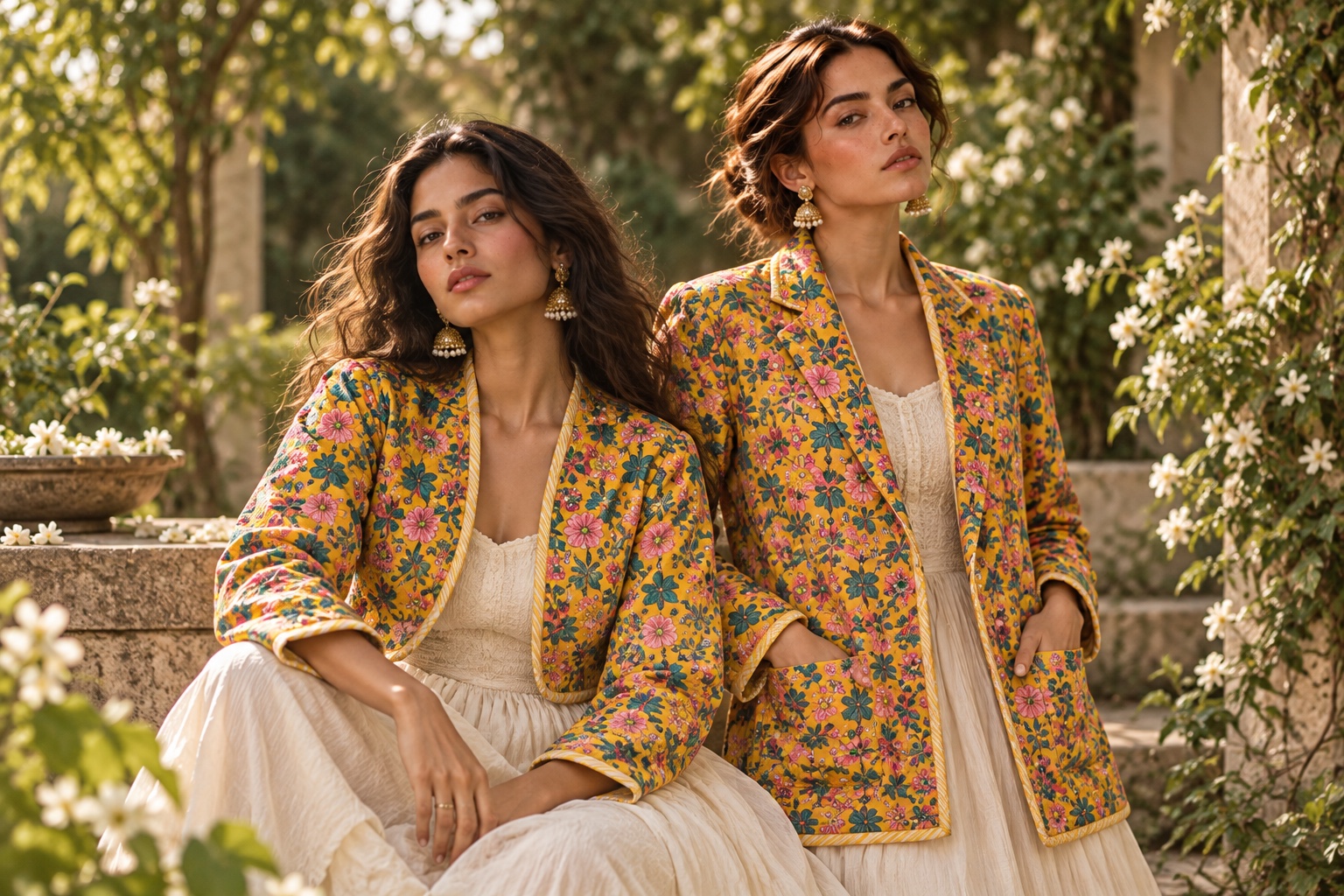 Two models seated in a garden in yellow floral quilted jackets