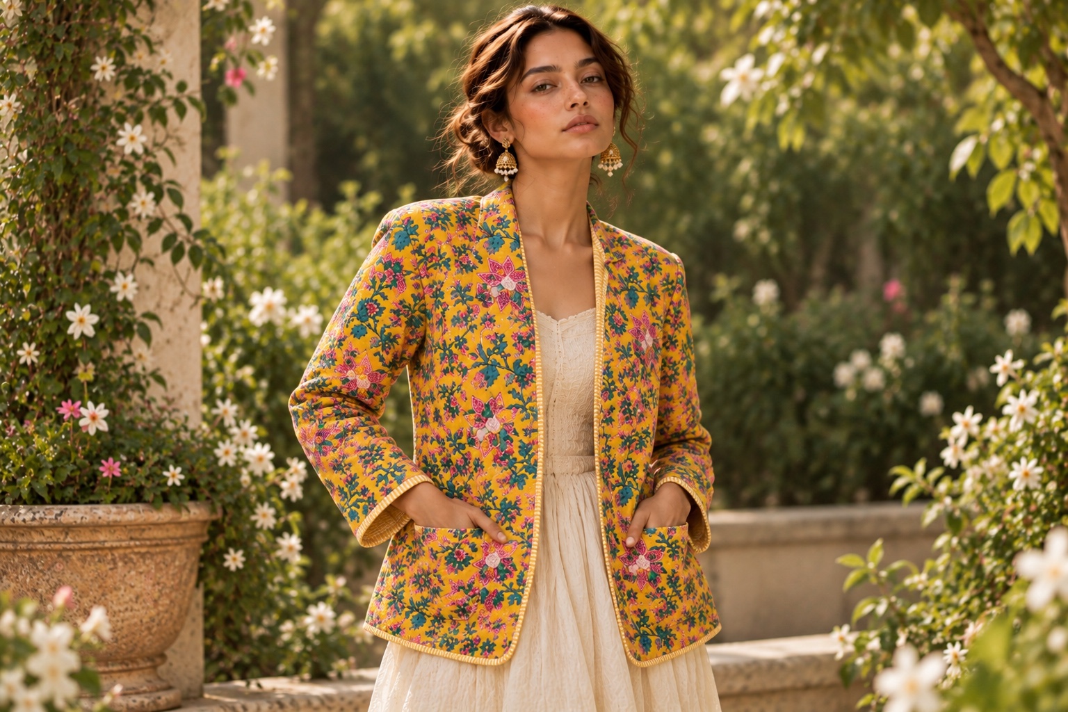 A model standing in a flowering garden, hands in the pockets of a long yellow quilted jacket