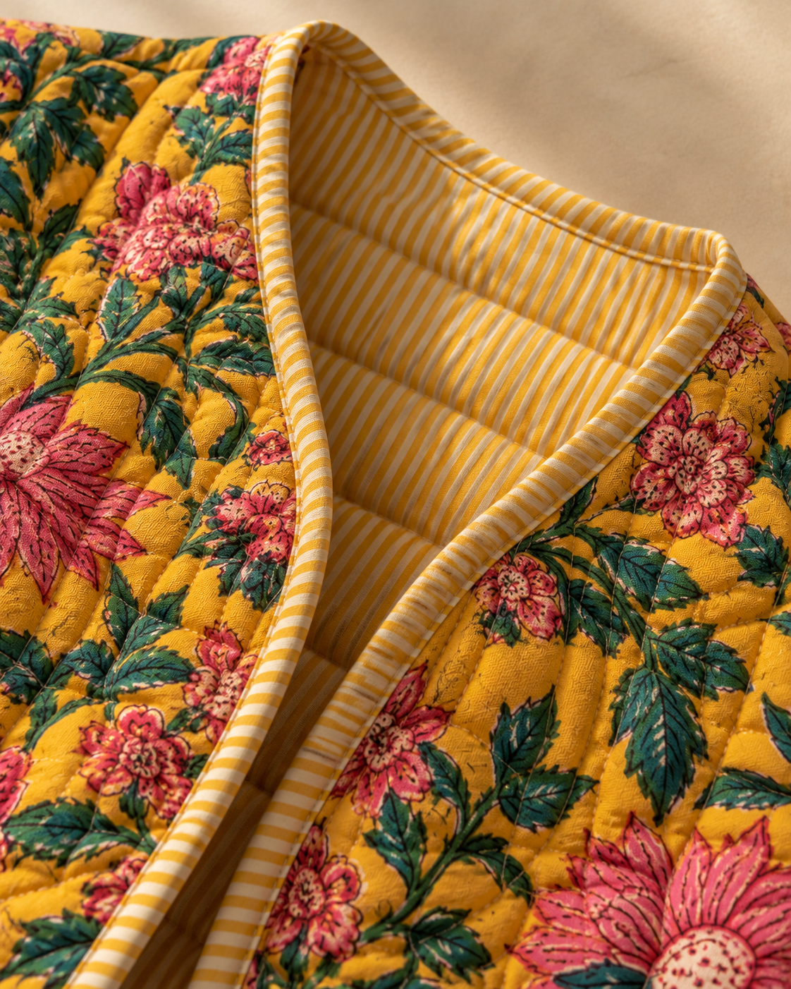 Quilted jacket opened to show striped lining and finished edges