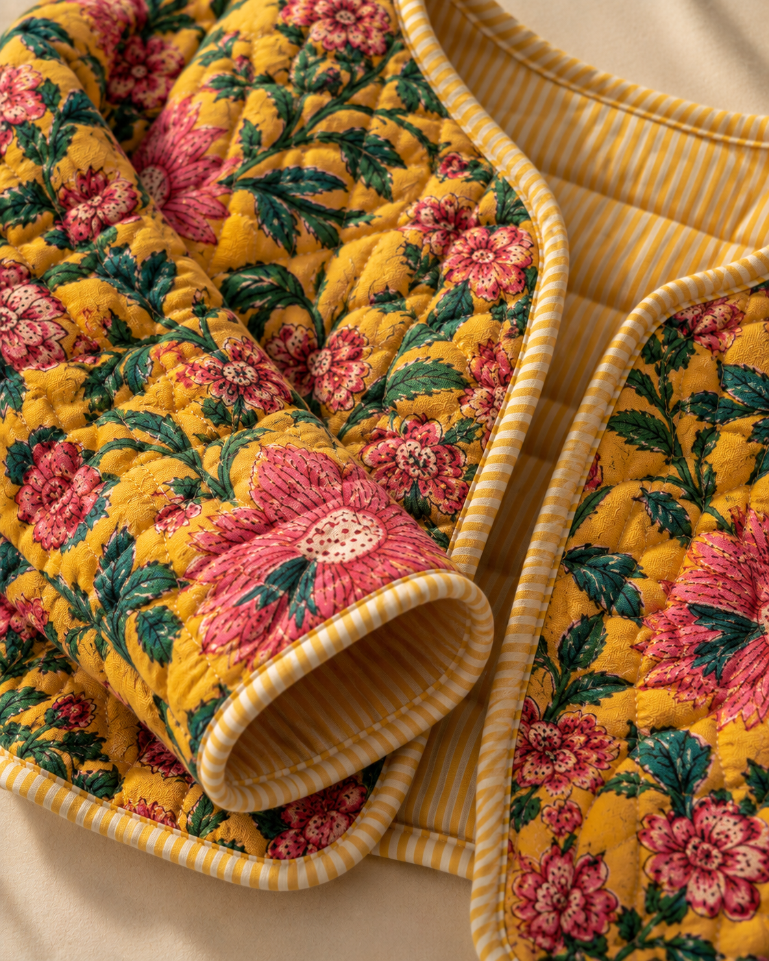 Close view of the jacket's quilted sleeve, lining and edge