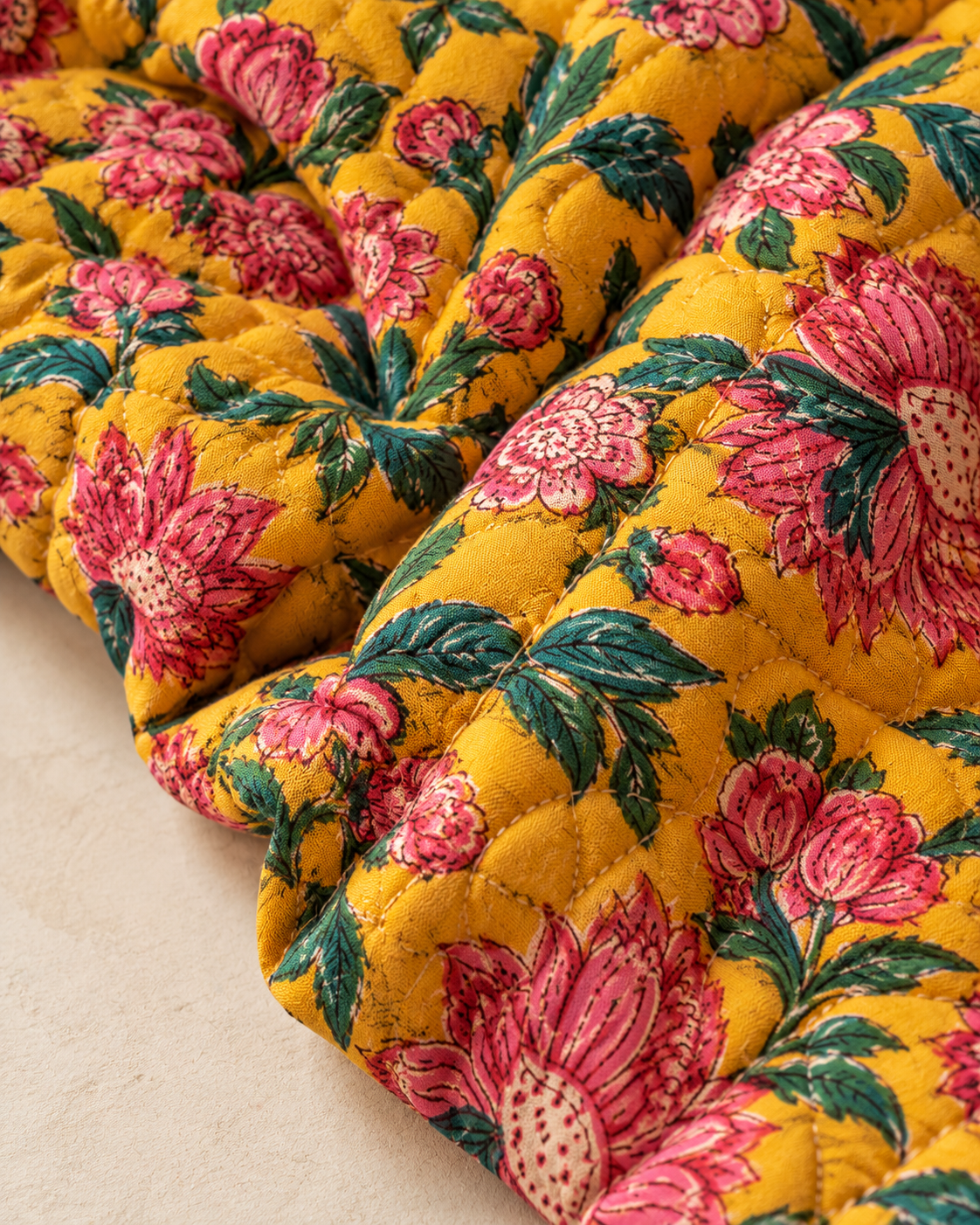 Close view of the quilted floral jacket surface