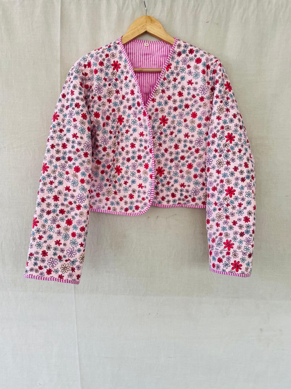 Field of Tulips: a cropped pink floral quilted jacket with striped edging