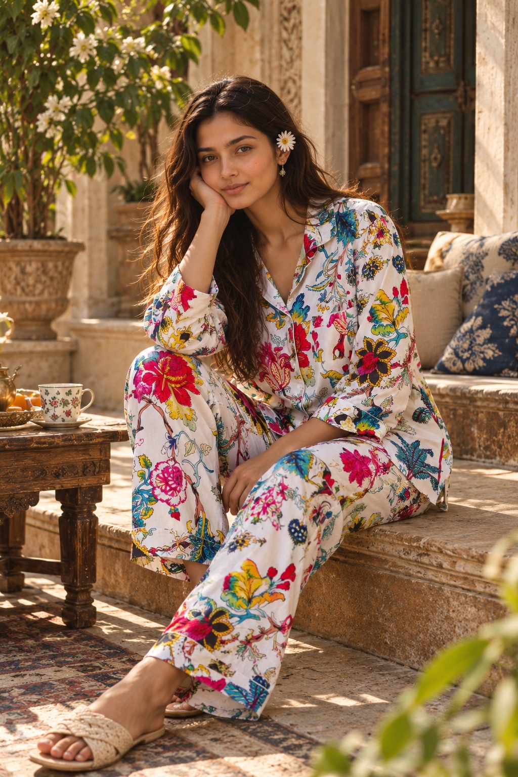 A woman in the Diva set, bright florals on white, seated on sunlit stone steps beside a carved table