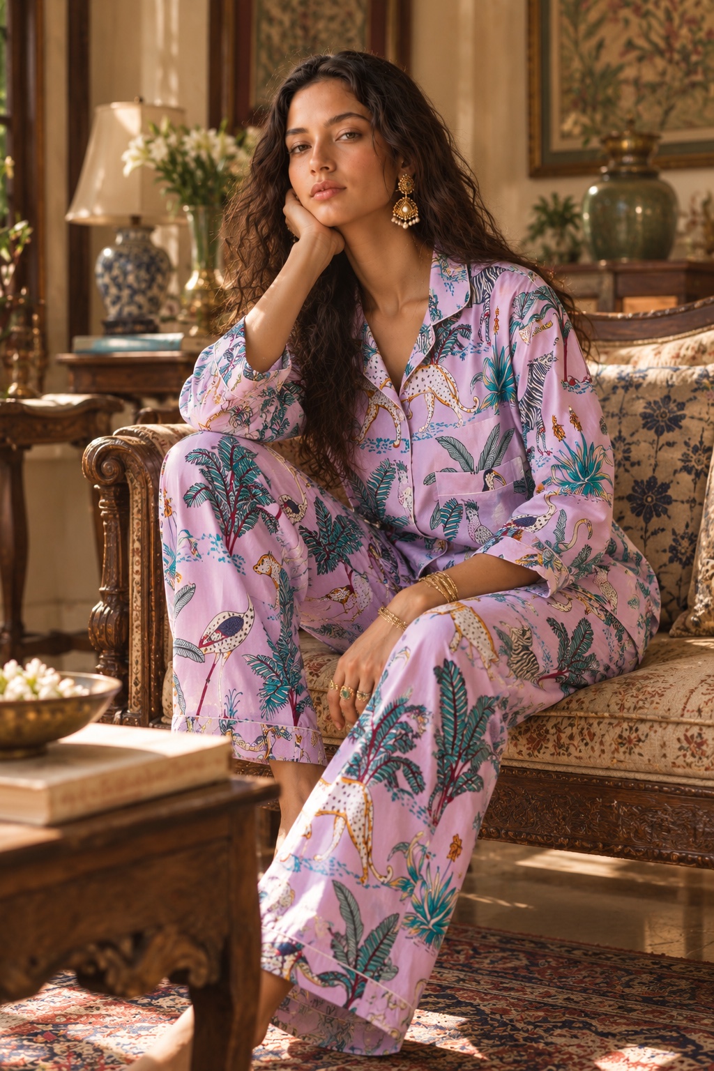 A woman in the Flamingo set, a lilac print of palms and birds, seated on a carved sofa in a drawing room