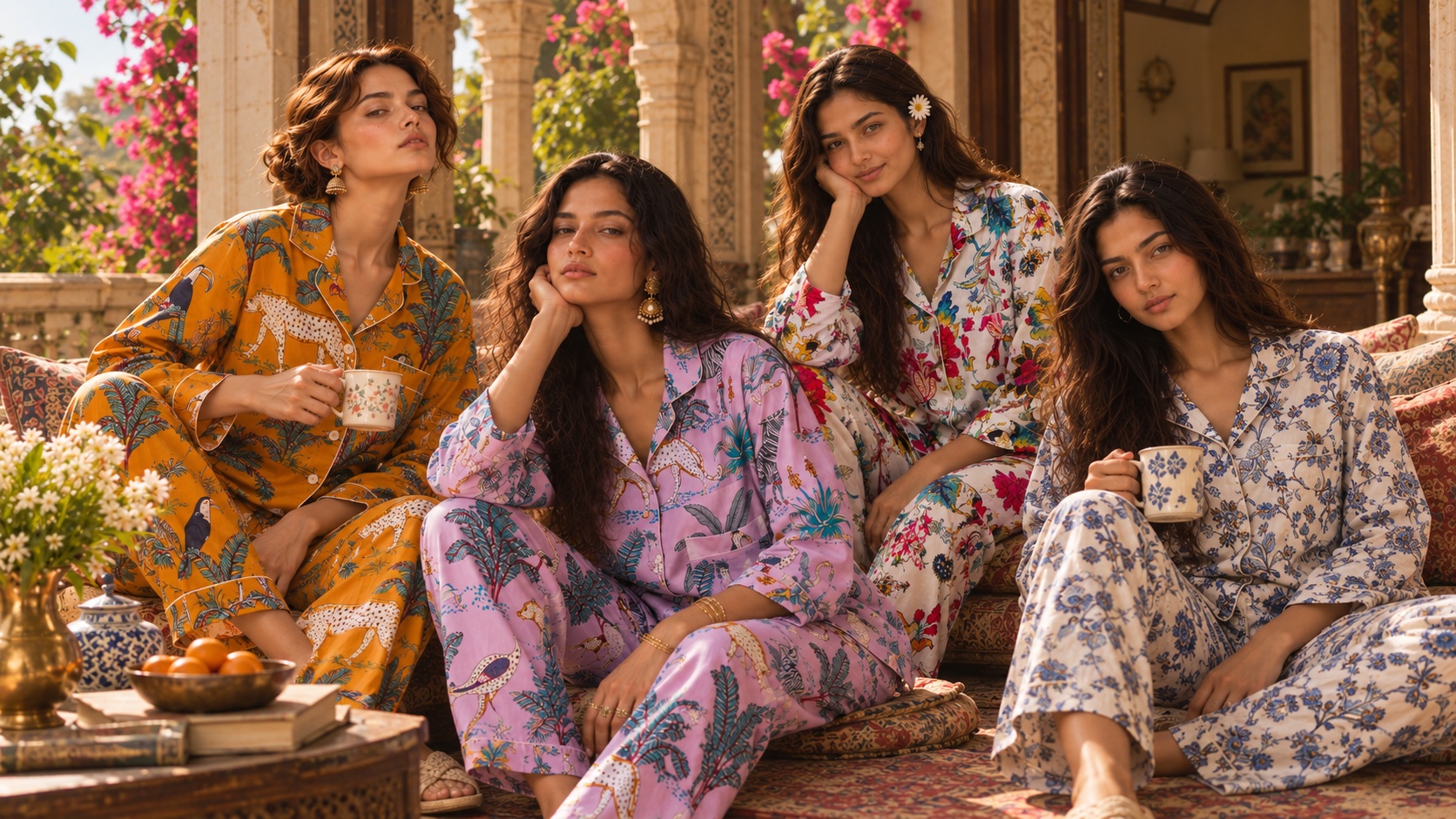 Five women in printed loungewear sets taking tea together on cushions in a Jaipur residence, bougainvillea and carved columns behind them