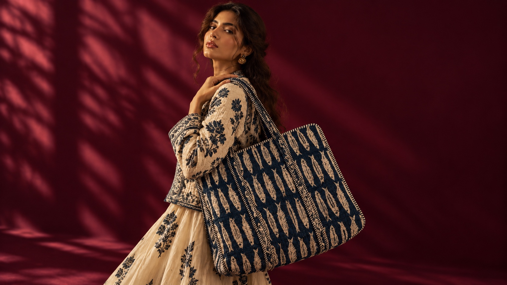 Meher, in an ivory embroidered jacket, carrying the navy and ivory fish-print tote on her shoulder against a burgundy wall