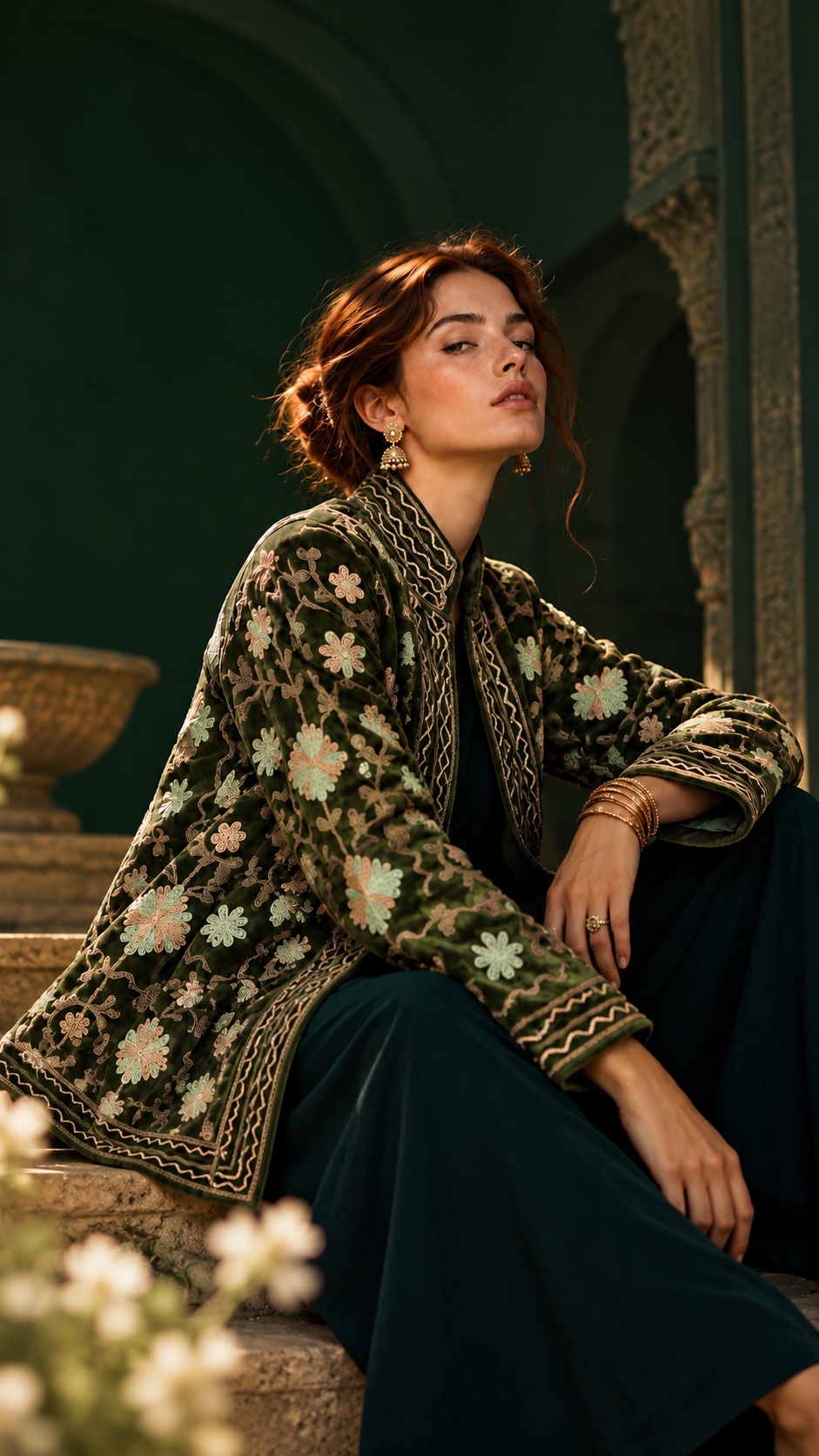 A model in a forest green velvet jacket embroidered with pale florals, seated on sandstone steps beneath a green arch