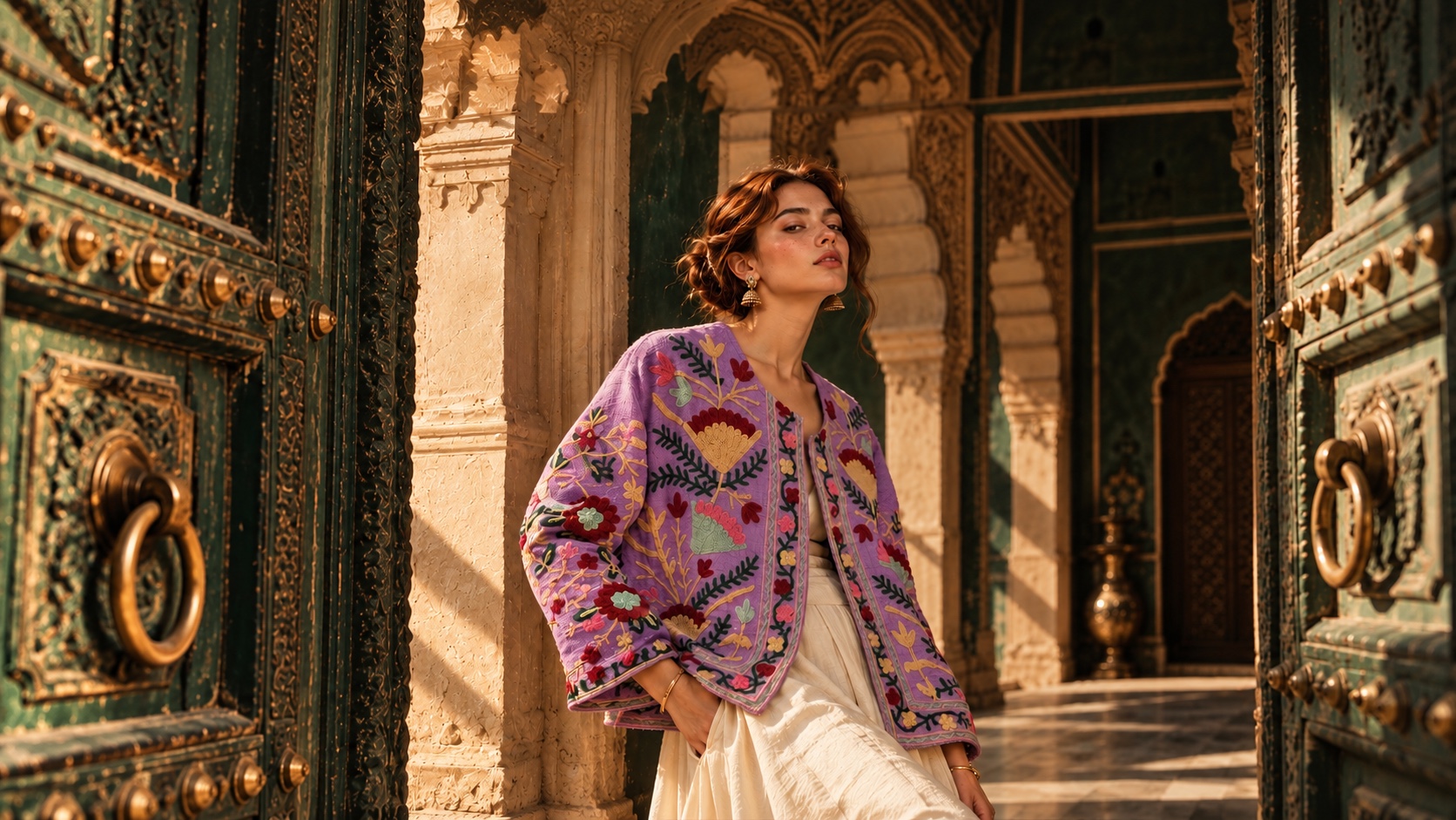 A model in a lilac jacket embroidered with florals, standing just inside an open carved door in a sandstone colonnade
